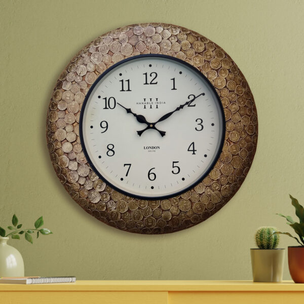 Brass Fitted Antique Indian Coin Clock for Home and Living Room
