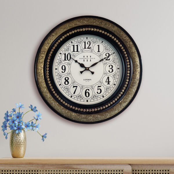 Ornate Brass & Wood Wall Clock – Vintage Analog Timepiece with Silent Quartz Movement