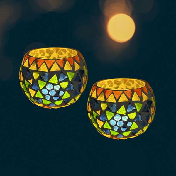 Glass Mosaic 3 inch Tealight Candle Holder for Diwali Decor, Christmas Decor - Pack of 2