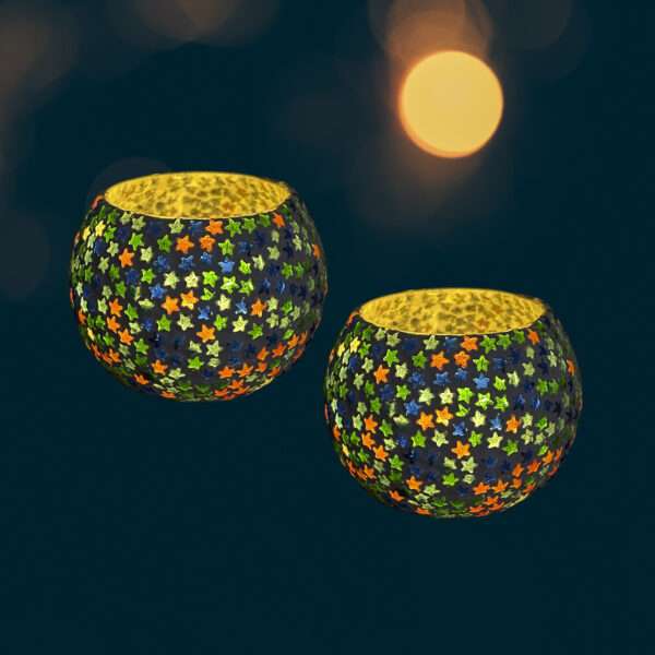 Glass Mosaic 3 inch Tealight Candle Holder for Diwali Decor, Christmas Decor - Pack of 2