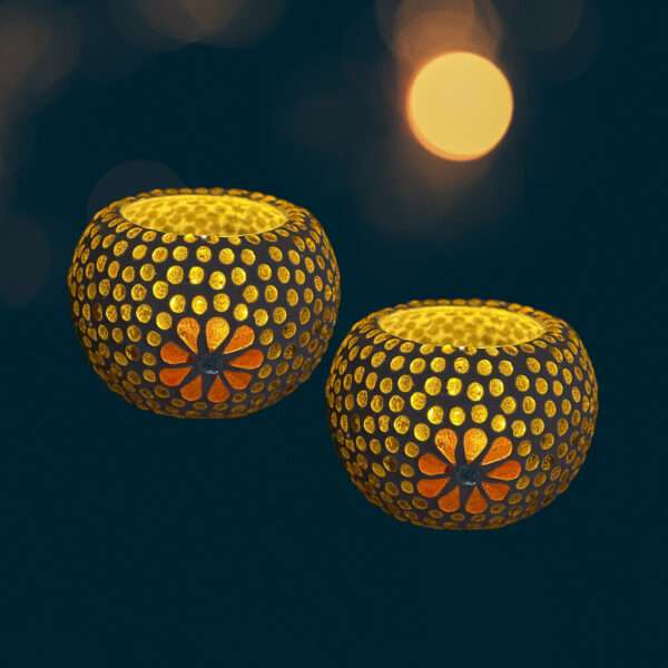 Glass Mosaic 3 inch Tealight Candle Holder for Diwali Decor, Christmas Decor - Pack of 2