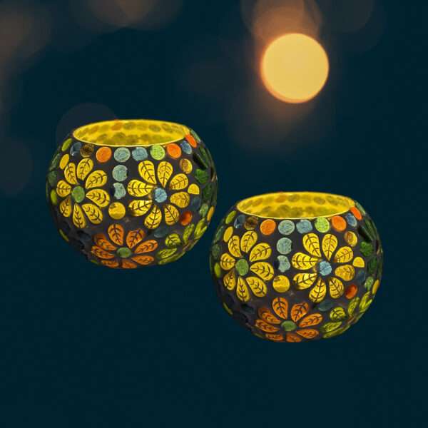 Glass Mosaic 3 inch Tealight Candle Holder for Diwali Decor, Christmas Decor - Pack of 2