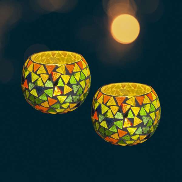 Glass Mosaic 3 inch Tealight Candle Holder for Diwali Decor, Christmas Decor - Pack of 2