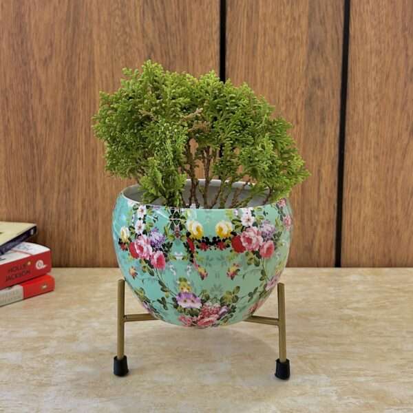 Green Floral Print Indoor Metal Table Planter