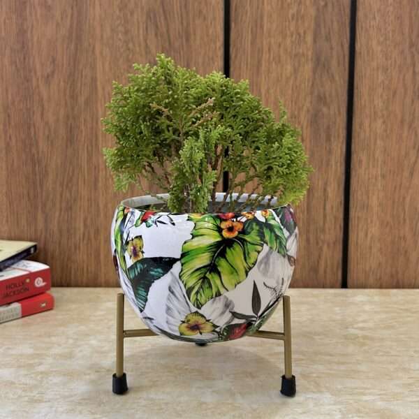 Green Leaf Print Metal Indoor Table Planter