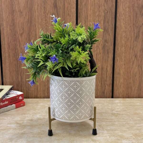 White Cylindrical Block Print Indoor Metal Table Planter