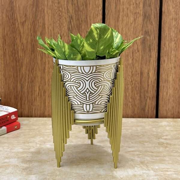 Golden Tripod Printed White Indoor Metal Table Planter